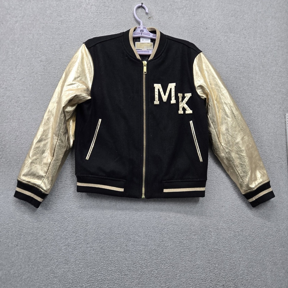 Michael Kors Women Jacket XS Black Colorblock Varsity Gold Metallic Wool Blend
